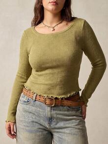 SHEIN Tall CURVE Plus Size Fashion Frill Trim Long Sleeve T-Shirt For Daily Wear - Green - View 6
