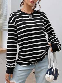 SHEIN EZwear 春季白色條紋印花落肩連帽衛衣，畢業季、返校穿搭，女教師穿搭，秋冬返校穿搭 - 黑色 - 查看 6