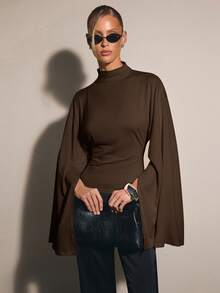 COSMINA Women's Solid Color Stand Collar Split Sleeve Fitted Elegant Blouse - Coffee Brown - View 1