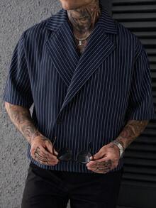 SLATEMANN 男士百搭條紋領鈕扣短袖襯衫 商務風 - 藏蓝色 - 查看 4