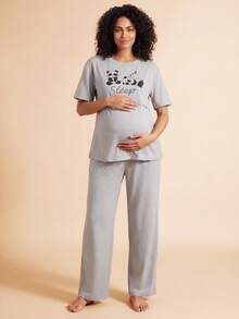 SHEIN Cute Panda Print Nursing Short Sleeve Pants Maternity Pajamas Set - Light Grey - View 2