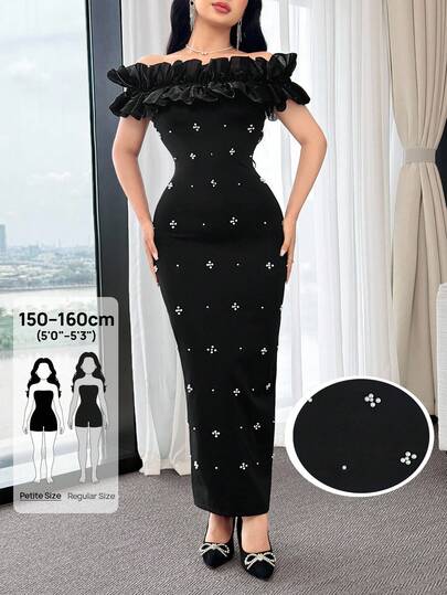 Feyla Petite Women's Ruffle Off-Shoulder Rhinestone Decor Fitted Elegant Long Dress