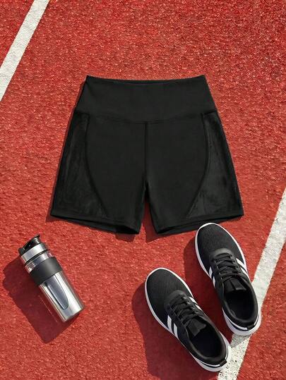 SHEIN Cheerettes Women's Solid Color Casual Fitness Sports Shorts Black Sports Shorts High Waist Mesh Panel Tummy Control Butt Lift Breathable For Gym Yoga Pantalones