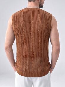 TONEVAULT Shades Of Brown 復古 80 年代街頭風鏤空 V 領針織背心，夏季海灘度假約會之夜感恩節穿搭，街頭休閒日常上衣 - 咖啡棕 - 查看 3