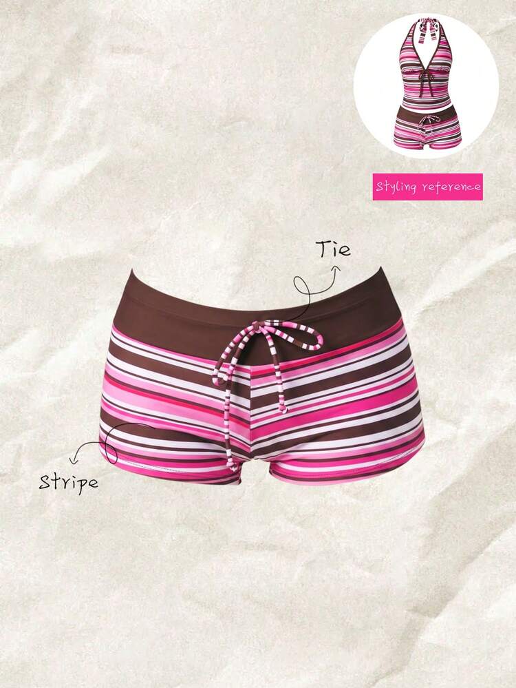 Elavelle Bikini de mujer con estampado aleatorio, cintura alta y lazo, para primavera/verano - Multicolor - Añade 4