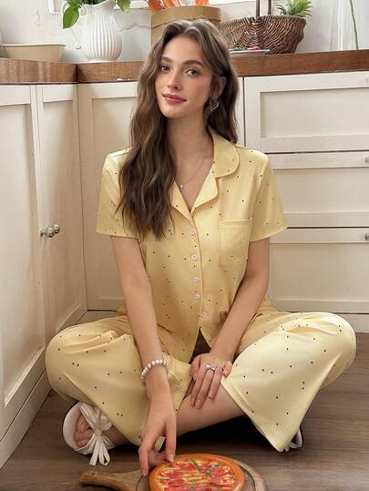 Snug Reverie Fashion Women's Polka Dot Lapel Cardigan Short Sleeve Long Pants Pajama Set