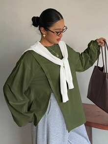 Dazy Plus White Round Neck Solid Color Casual Versatile Side Slit Design Long Sleeve T-Shirt For Spring Summer Plus Size Autumn Oversized T Shirts For Women - Army Green - View 3