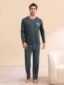 SHEIN Men's Casual Plaid Loungewear Set - Olive Green - View 1