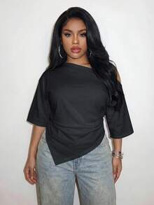 Slaydiva Spring/Summer Women's Plus Size Asymmetrical Hem Ruched Asymmetrical Shoulder T-Shirt, Graduation Season Beach - Dark Grey - View 7