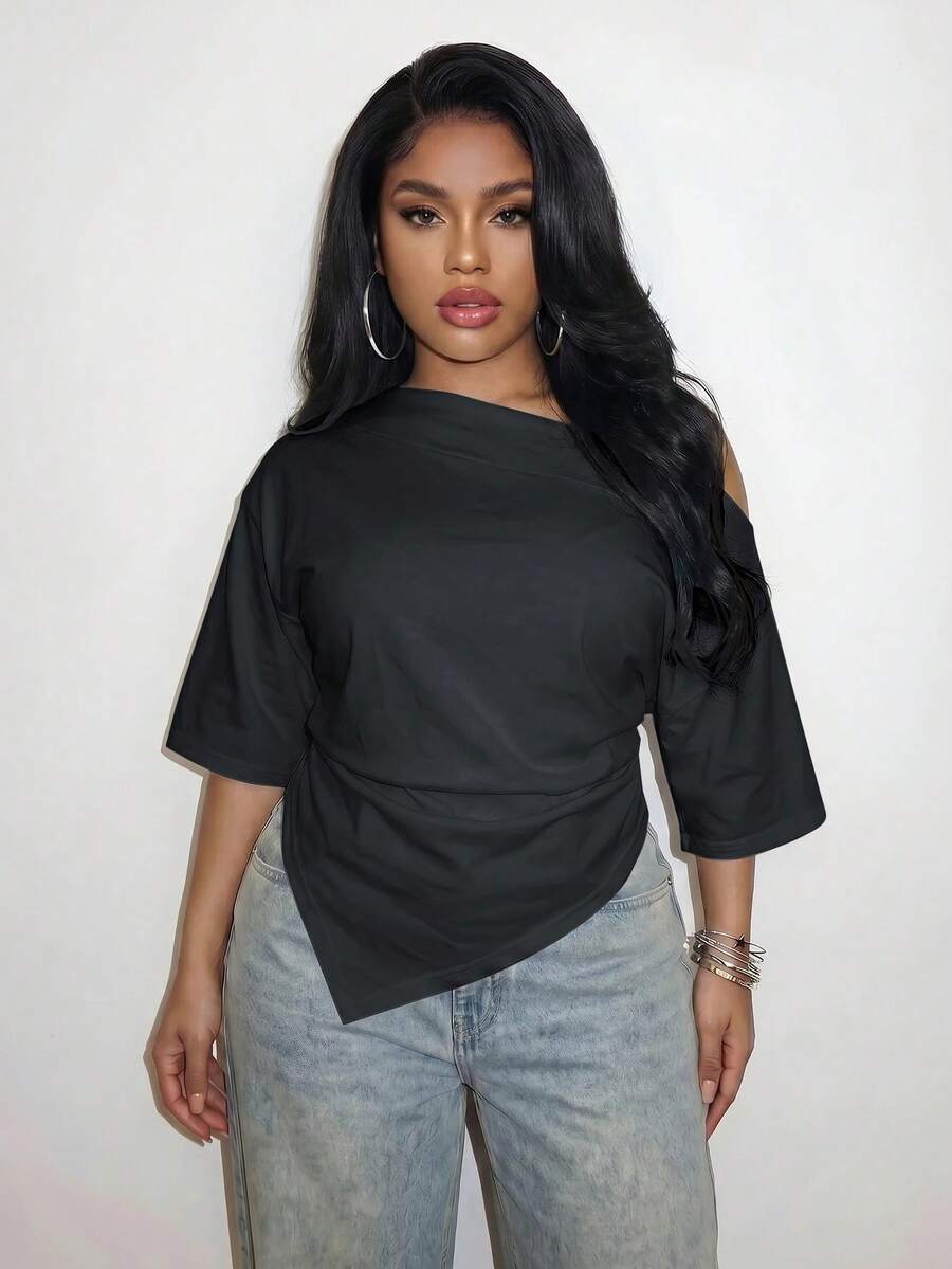 Slaydiva Kaos Wanita Ukuran Besar Musim Semi/Panas dengan Hem Asimetris dan Bahu Asimetris, Cocok untuk Musim Wisuda, Pantai, Acara Formal, Liburan, Warna Hijau Tua, Kasual dan Longgar. - Dark Grey - View 1