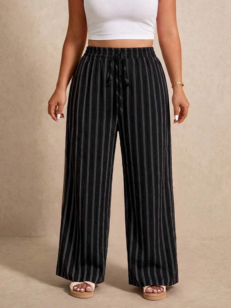 Elaquor Plus Size Women's Striped Casual Versatile Wide Leg Pants For Daily Wear - Coffee Brown - View 4