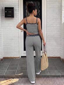 SHEIN Teen Girls 2pcs/Set Teenager Striped Tank Top Set, Comfortable Striped And Polka Dot Print, Fashionable And Comfortable. Autumn Outfit With Jacket - Black - View 5