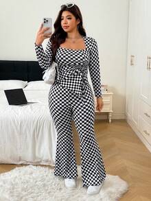 SHEIN EZwear 大尺碼棋盤格印花上衣與長褲兩件套 秋季 - 黑與白 - 查看 4