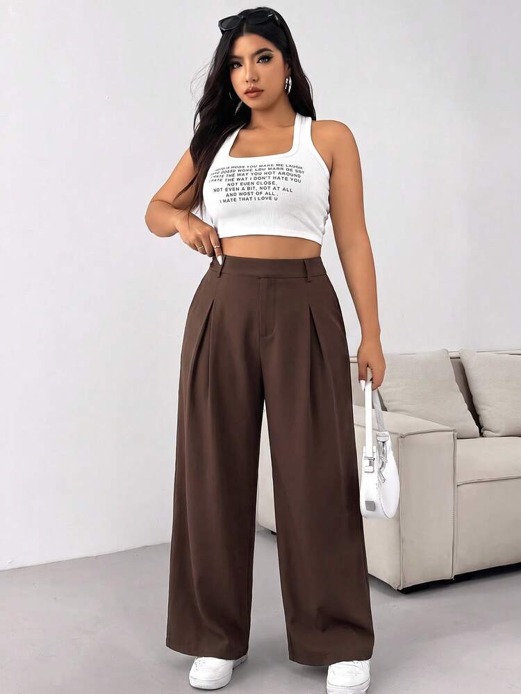 Comfortcana Plus Size Women's Casual Brown Suit Pants, Suitable For Outings And Commuting - Brown - View 3