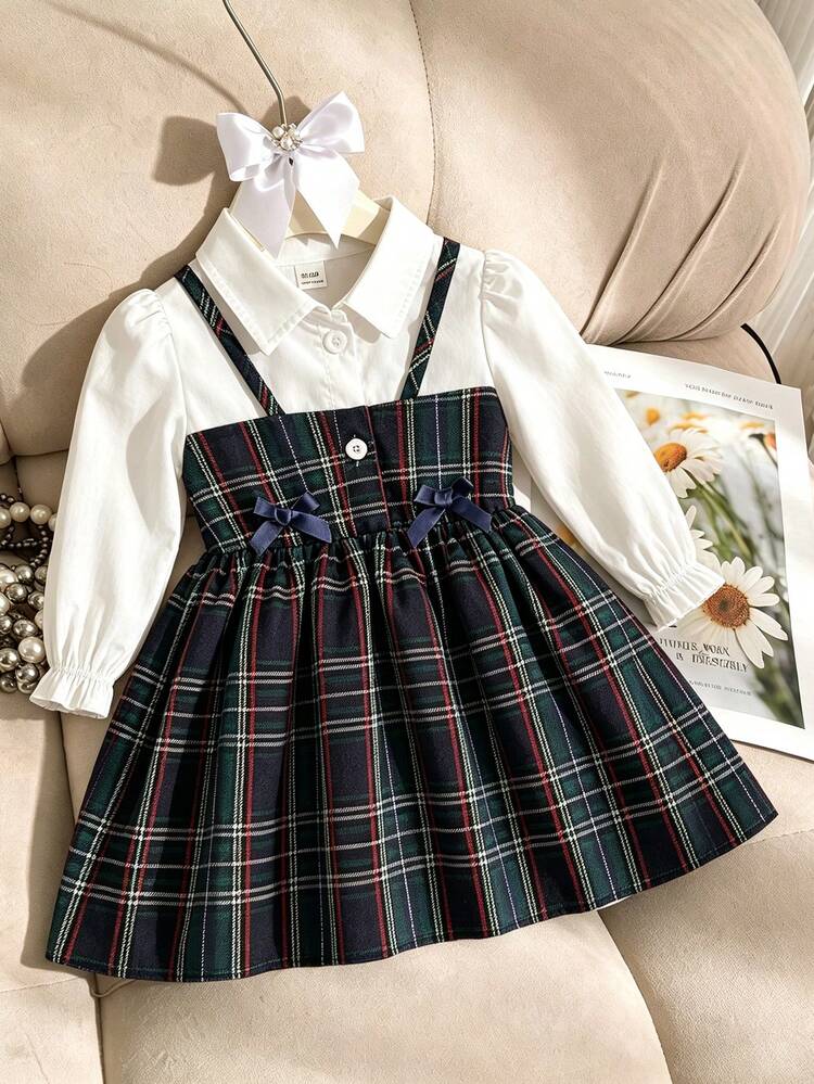 SHEIN Baby Girl Petal Sleeve A-Line Dress With Plaid Pattern Fabric And Bow Decor, Elegant And Playful Autumn/Winter Dress - Multicolor - View 3