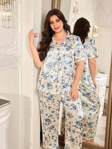 MuseNap CURVE Floral Faux Silk Open Front Lapel Short Sleeve Long Pants Plus Size Pajama Set Night Lounge Light Purple Summer Elegant - Multicolor - View 1
