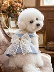 PETSIN 1pc Cat And Dog Universal Clothing, Pearl Lace Collar Princess Style Cat And Dog Dress, Suitable For Pet Birthday Parties, Owner Wedding Matching Outfits, Light Luxury Socialite Style Pet Photos - Blue - View 6