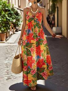 Ceyna Damen Sommerurlaub Cami Kleid in Großen Größen, Tropisches Muster Cami Kleid, Bohemian Stil Buntes Blumenkleid, Hohe Taille Schlankmachendes Rückenfreies Tropisches Blumenkleid - Verschiedenfarbig - Übersicht 7