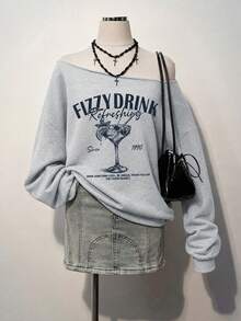 青少年女孩露肩寬鬆休閒長袖秋季衛衣 - 彩色 - 查看 4