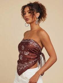 Travachic Women's Woven Paisley Print Tie Back Open Back Bandeau Top - Brown - View 6