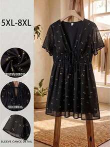 SHEIN CURVE+ 大尺碼V領A字裙擺荷葉袖洋裝，黑色波希米亞風旅行度假休閒教堂教師穿搭泡泡裙，優雅夏季 - 彩色 - 查看 7
