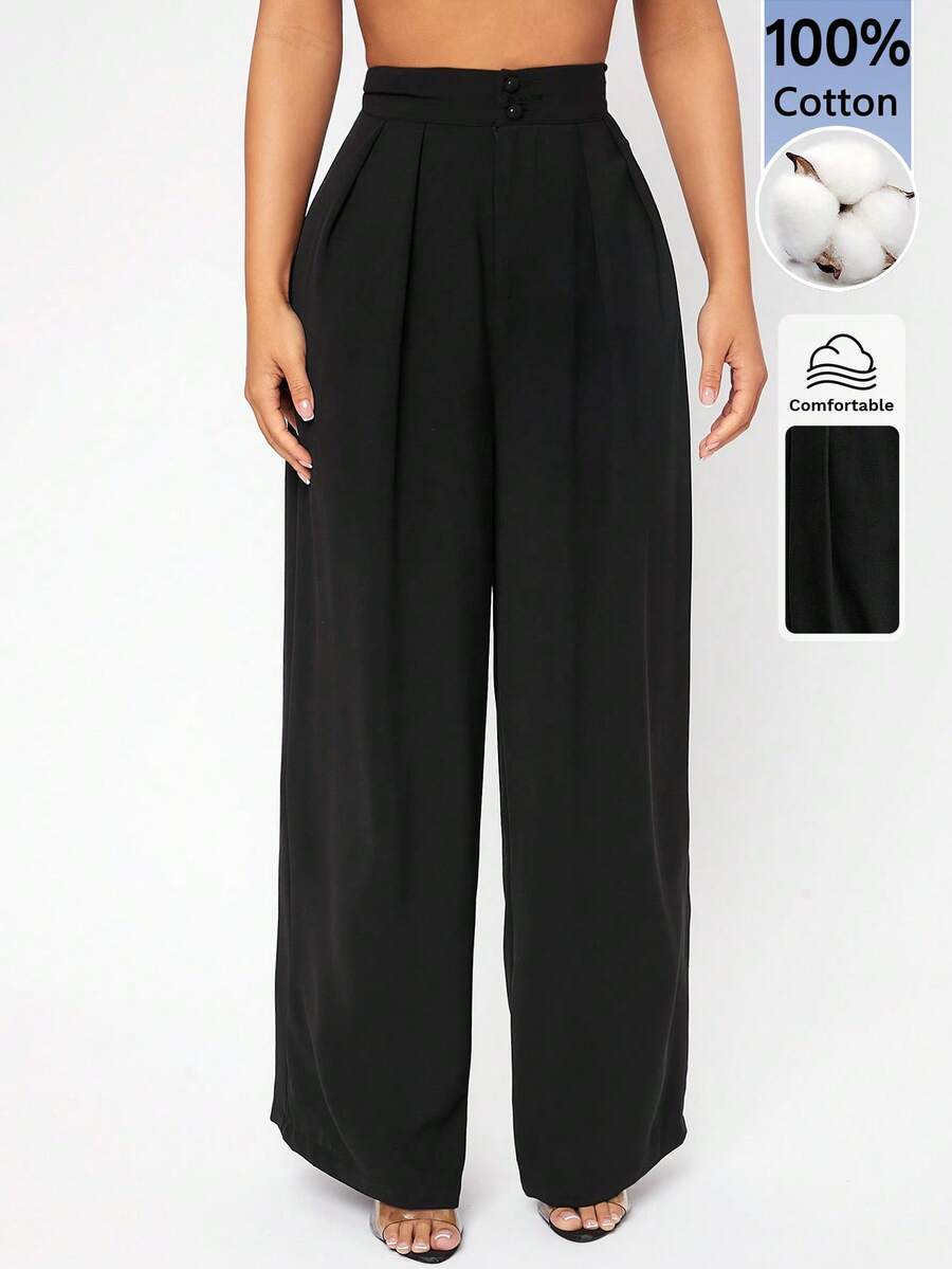 SHEIN PETITE 高腰百褶寬腿黑色西裝長褲 - 黑色 - 查看 1