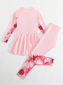 SHEIN Conjunto de traje de baño con estampado tropical y patchwork para niña preadolescente - Rosa Pálido - Ver 2