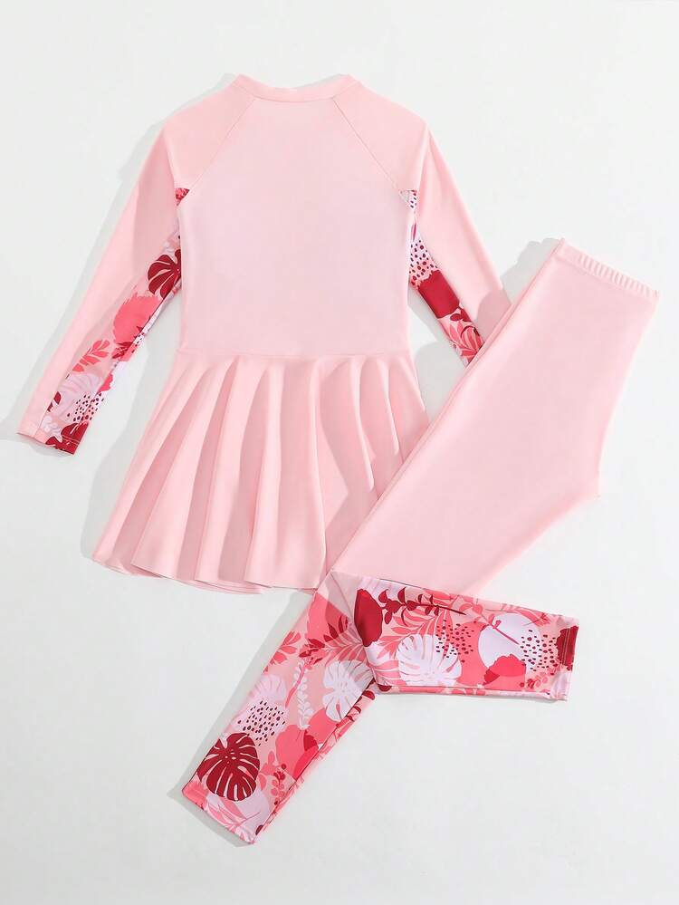 SHEIN Tween Girl Tropical Print Patchwork Swimsuit Set - Baby Pink - View 2