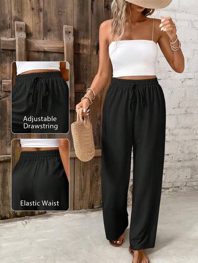 SHEIN PETITE CURVE Plus Size Simple Solid Color Elastic Waist Casual Pants,Summer Pants, Spring, Elegant,High Waist, Casual, Black Pants,Loose Pants Fall