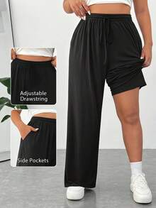 SHEIN PETITE CURVE Plus Petite 女士黑色冰丝超薄凉爽针织罗纹面料柔软顺滑防静电纯色日常运动休闲裤带口袋抽绳松紧腰带高腰直筒阔腿宽松版型 - 黑色 - 查看 6