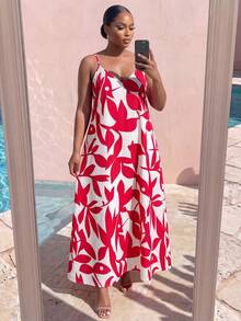 SHEIN Lady CURVE 大尺碼女款全印花休閒日常夏季旅行細肩帶洋裝 - 紅白色 - 查看 8