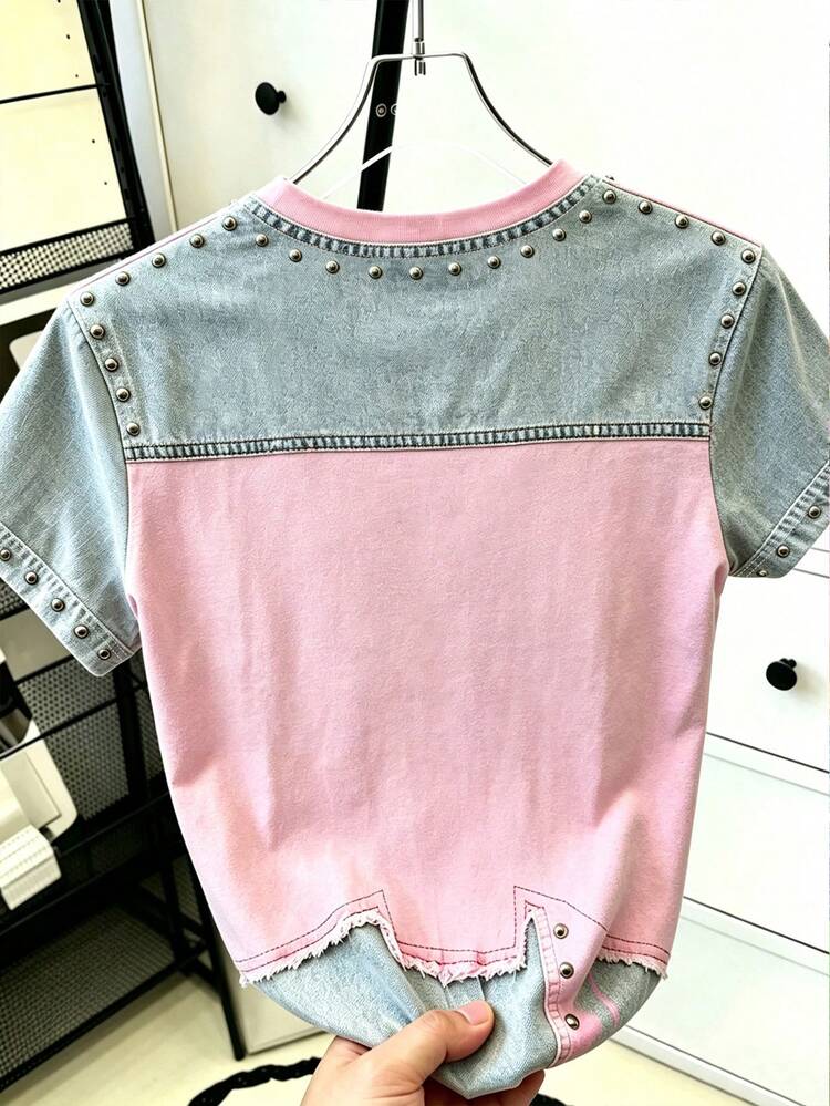 Resyla Women's Short Sleeve T-Shirt, Summer Outing Top, Grey And Pink Colorblock Pattern, English Letter Print Design, Casual Everyday Wear, Versatile Street Style, Comfortable Fabric - Multicolor - View 2