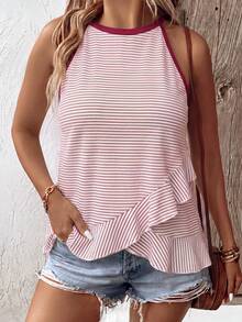 SHEIN LUNE Camiseta sin mangas para mujer de talla grande, nueva y de gran para primavera/verano, con diseño de color contrastante, patrón de rayas, casual y versátil - Multicolor - Ver 4