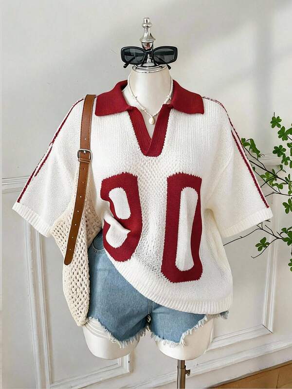 Comfortcana Women's Plus Size Hollow Knit Top Teacher Active Red And White Summer Teacher Sports Homewear Office
