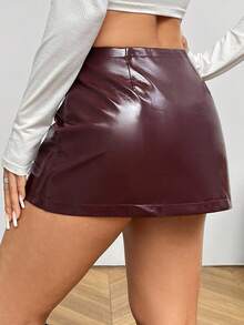 SHEIN PETITE CURVE 大尺碼女款修身低腰迷你秋季PU皮革裙 - 酒紅色 - 查看 2