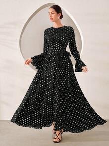 Graceveil Elegant Decent Casual Polka Dot Round Neck Flare Sleeve Cinched Cinched Waist Full Skirt Dress Formal Office Autumn - Black and White - View 5