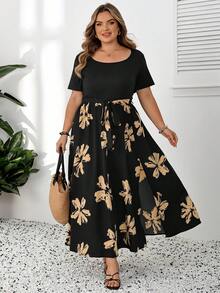 SHEIN CURVE+ Curve 大碼 US22 音樂祭海邊度假波希米亞風夏季休閒花卉印花拼接短袖長洋裝 黑色 - 黑色 - 查看 6