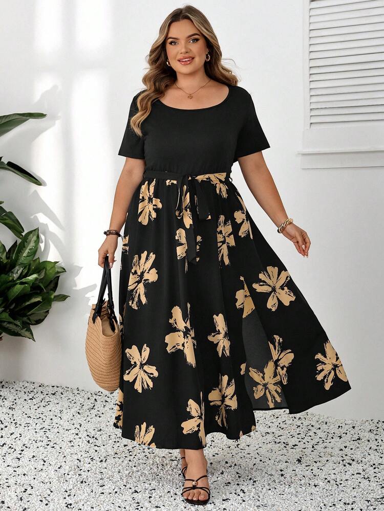 SHEIN CURVE+ Curve 大碼 US22 音樂祭海邊度假波希米亞風夏季休閒花卉印花拼接短袖長洋裝 黑色 - 黑色 - 查看 6