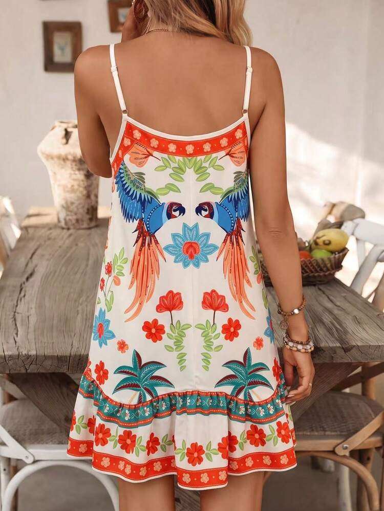 Swim Vcay Gaun Penutup Liburan Musim Panas Wanita dengan Tali Bahu yang Dapat Diatur, Motif Bohemian, Patchwork, dan Desain Ruffle Asimetris - Jeruk - View 2