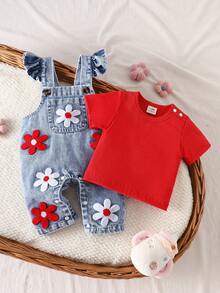 SHEIN Playful Pals 2件組女嬰可愛草莓刺繡圍兜褲，柔軟棉質藍色夏季親子套裝，休閒日常穿著 - 紅色 - 查看 3