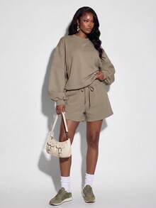 Avantive Women's Fashion Embroidered Long Sleeve Sweatshirt And Drawstring Waist Pocket Shorts 2 Pieces Set Airport Khaki Autumn Casual - Mocha Brown - View 5