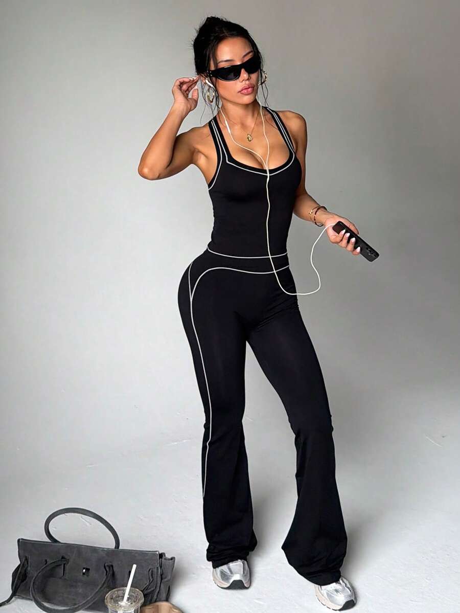 StreetHx Women's Seamless Black Tight Fit Sports 2 Pieces Set Tank Top & Flare Pants - Black and White - View 1