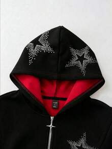 ROMWE MEN Sudadera de hombre con parches de estrellas de diamantes brillantes y contraste de color, estilo vintage de calle - Negro - Ver 2