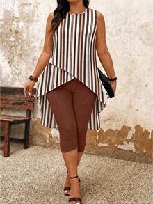 EMERY ROSE Color Block Striped Print Criss-Cross Sleeveless Top Leggings 2pcs Set, Plus Size, Spring/Summer Vacationbeige Chocolate Brown Vacation Outfits Women - Multicolor - View 4