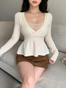 DAZY Atasan Wanita Lengan Panjang Slim Fit 2 In 1 dengan Renda Kontras, Elegan, Seksi, Cocok untuk Liburan Musim Semi dan Gugur - Aprikot - View 7