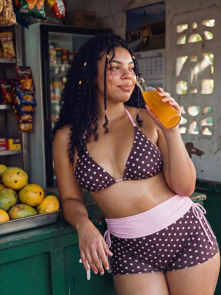 Swim Mod Plus Size Women's Summer Beach Polka Dot Halter Neck Tie Sexy Bikini And Triangle Bottoms Two-Piece Swimwear Set With Shorts - Pink - View 5