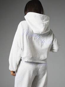 Missguided x Playboy Full-Zip Crop Hoodie With Embroidered Script Logo Front And Back Oversized Fit Long Sleeve Side Pockets - Light Grey - View 2