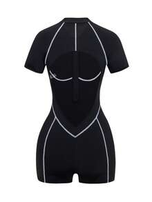 Sirith Dewbera High Elasticity Fitness Jumpsuit, Short Sleeve Short Shorts Workout Outfit, Backless Sports Jumpsuit With Zipper - Black - View 4