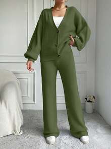 EURMUSE Women's Solid Color Long Sleeve Sweater & Pants 2 Pieces Set - Army Green - View 4