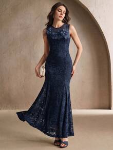 Anewsta Summer Holiday Romantic Lace Splice Mesh Collar Delicate Floral Decor Fishtail Hem Party Elegant Dress For Women - Navy Blue - View 4